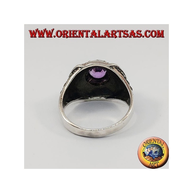 Anillo de plata octogonal con amatista redonda natural tachonada con marcasita