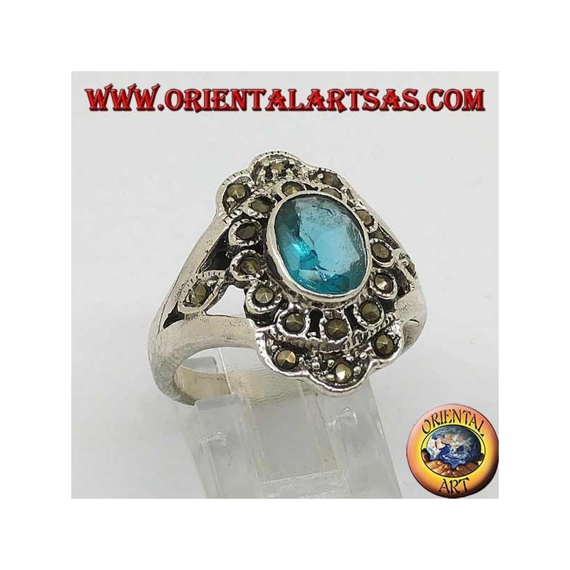 Daisy silver ring with oval blue topaz and marcasite