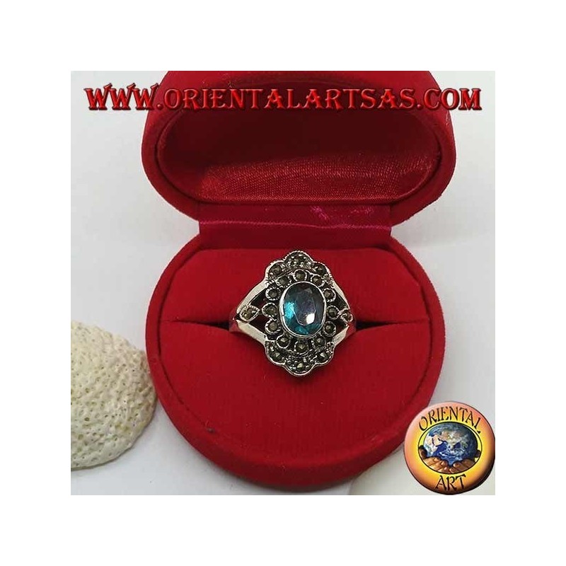 Daisy silver ring with oval blue topaz and marcasite