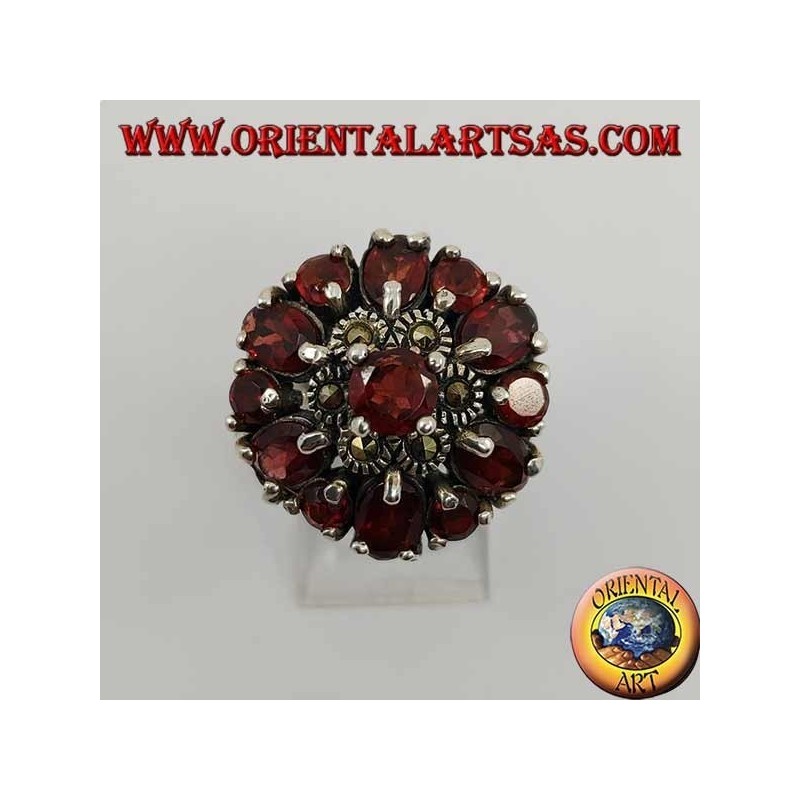 Silver double flower ring of marcasite and garnet with embossed round garnet