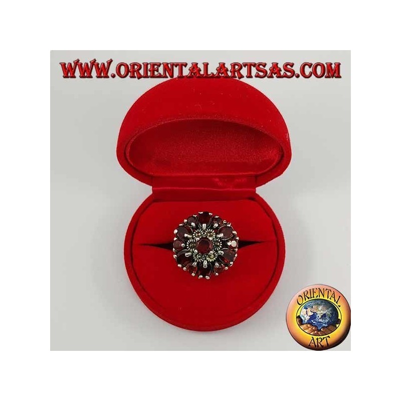 Silver double flower ring of marcasite and garnet with embossed round garnet