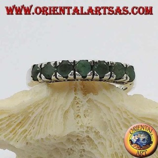Band silver ring with a row of round emeralds set and marcasite