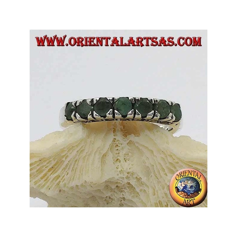 Band silver ring with a row of round emeralds set and marcasite