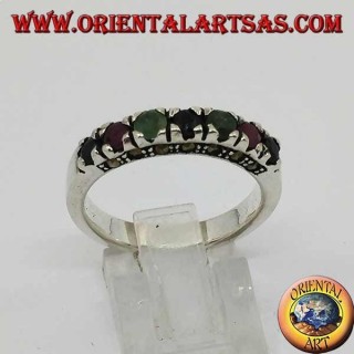 Band silver ring with a row of rubies, emeralds and round sapphires set and marcasite
