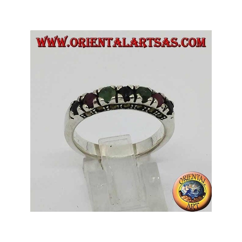 Band silver ring with a row of rubies, emeralds and round sapphires set and marcasite