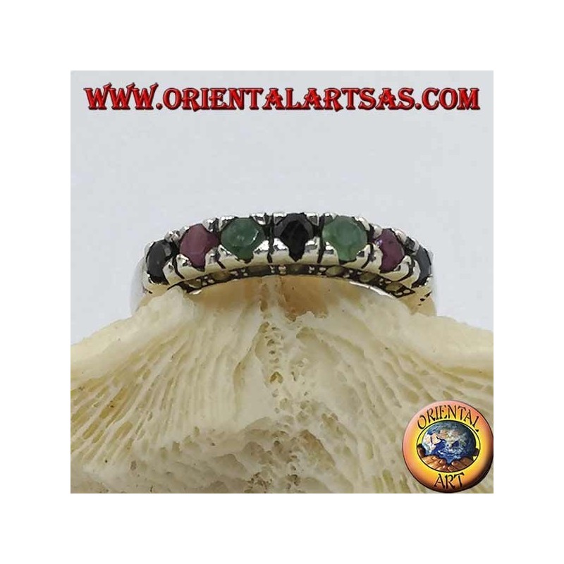 Band silver ring with a row of rubies, emeralds and round sapphires set and marcasite