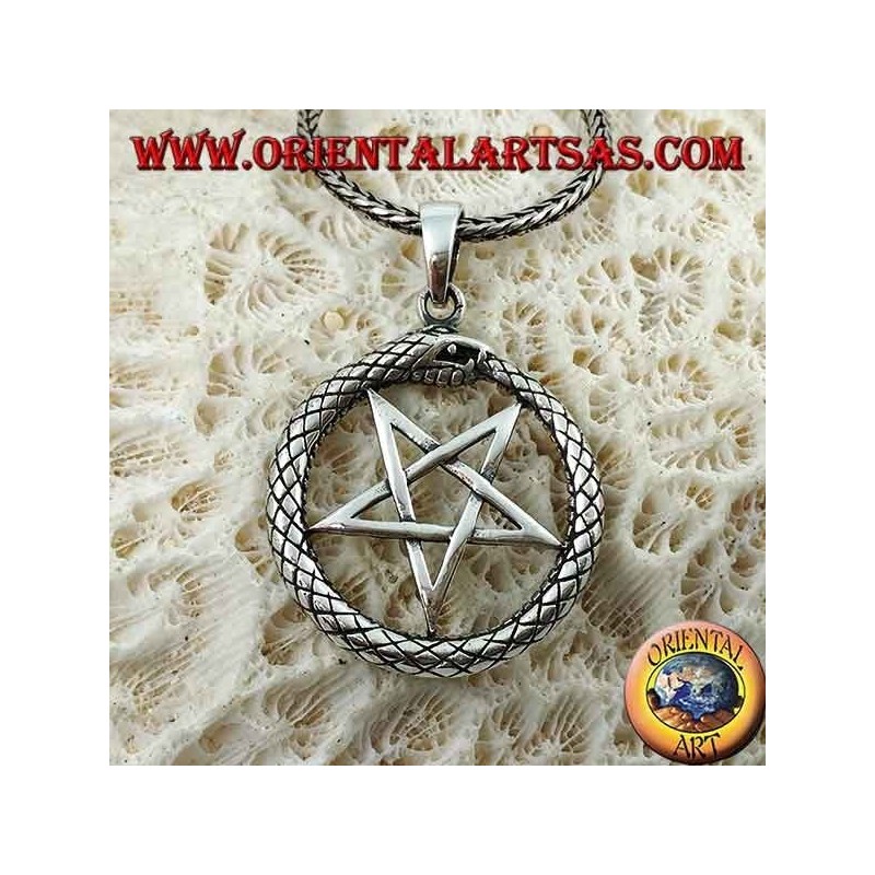 Ciondolo in argento, Ouroboros con pentacolo (punta verso il basso)