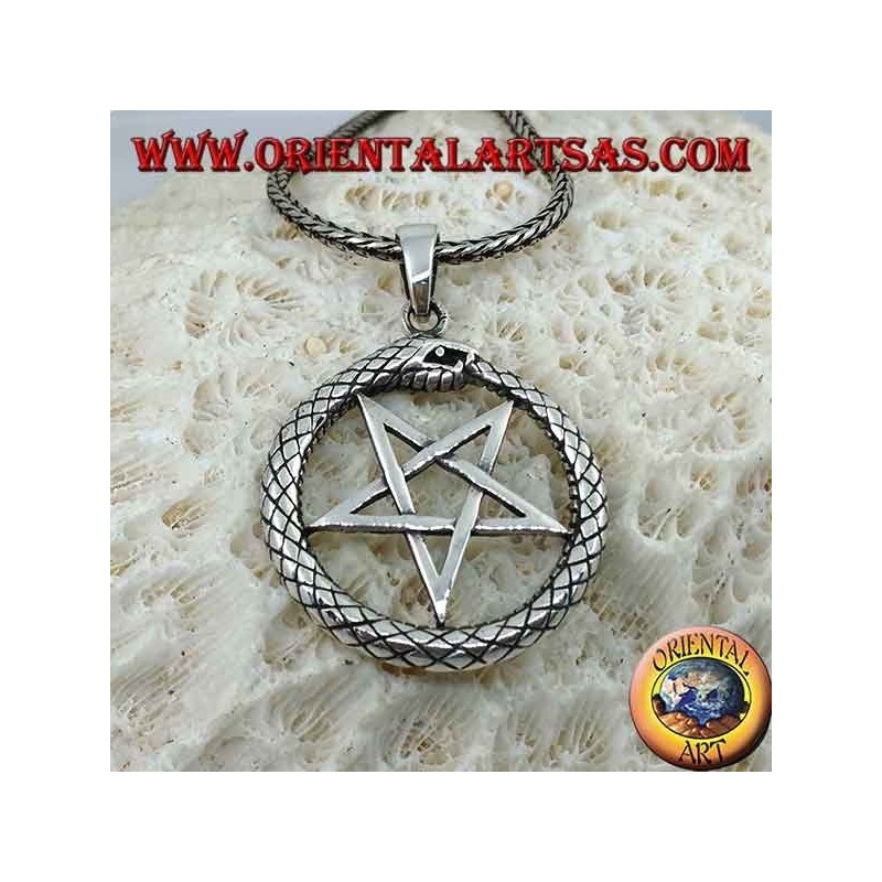 Pendentif en argent, Ouroboros avec pentacle (pointant vers le bas)