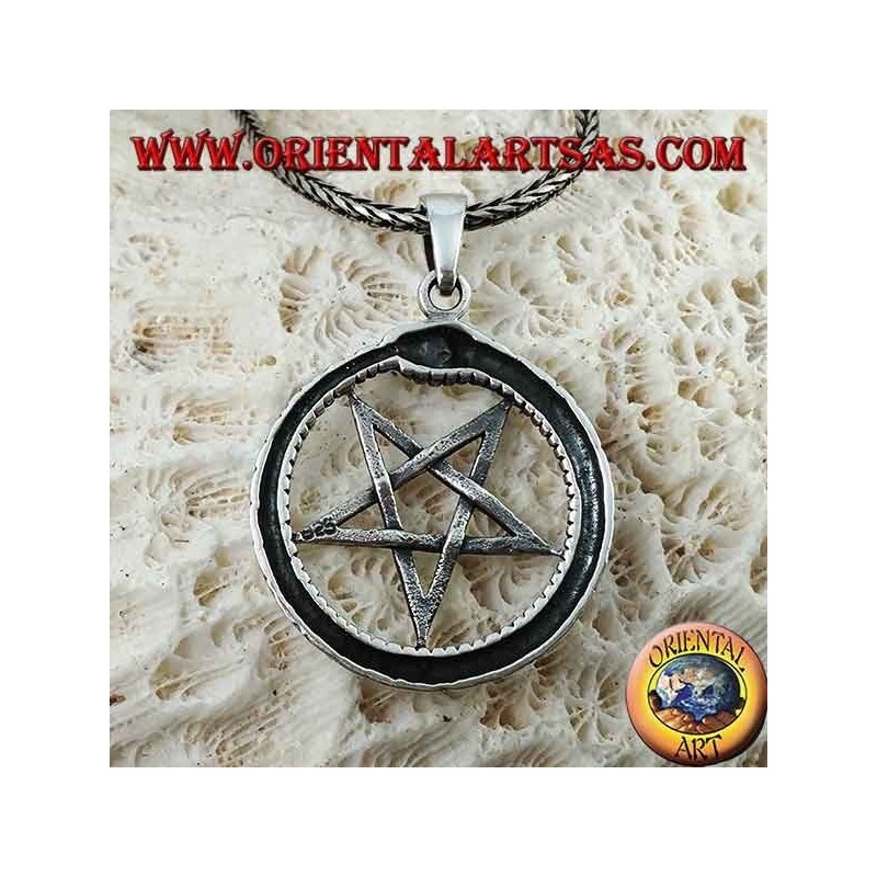 Pendentif en argent, Ouroboros avec pentacle (pointant vers le bas)