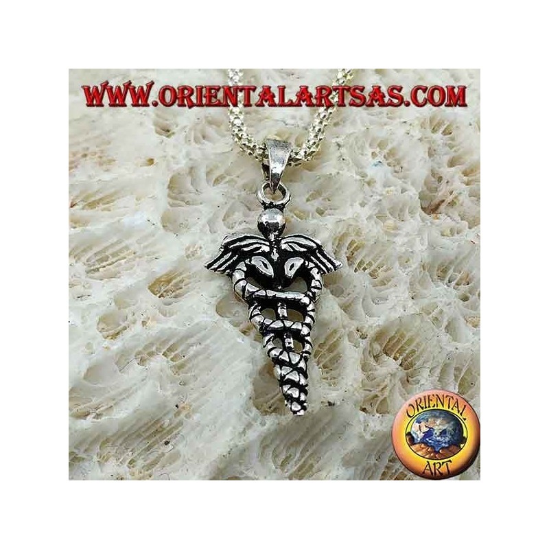 Pendentif caducée en argent (tige ailée avec deux serpents enroulés), petit
