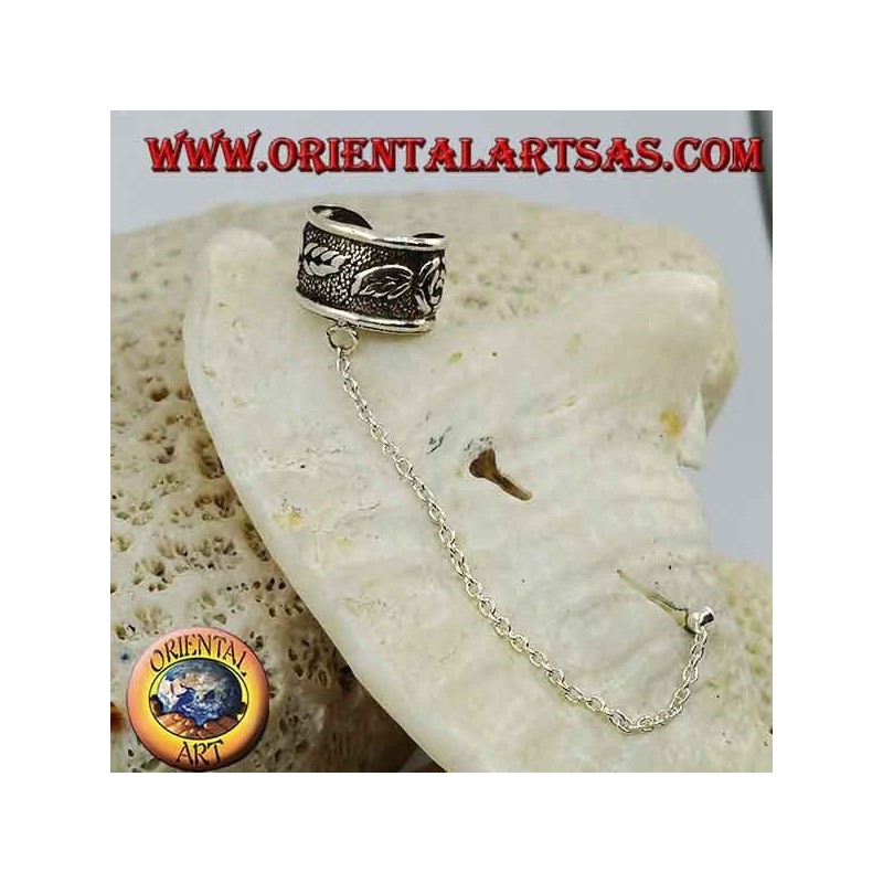 Silver ear cuff earring with chain, roses in high relief