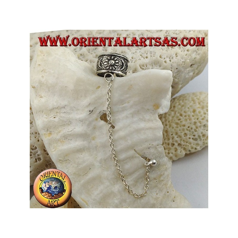 Ear Cuff silver earring with chain, moons and stars in high relief