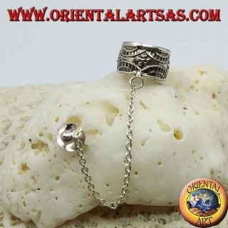 Silver ear cuff earring with chain, festoon with flowers in high relief