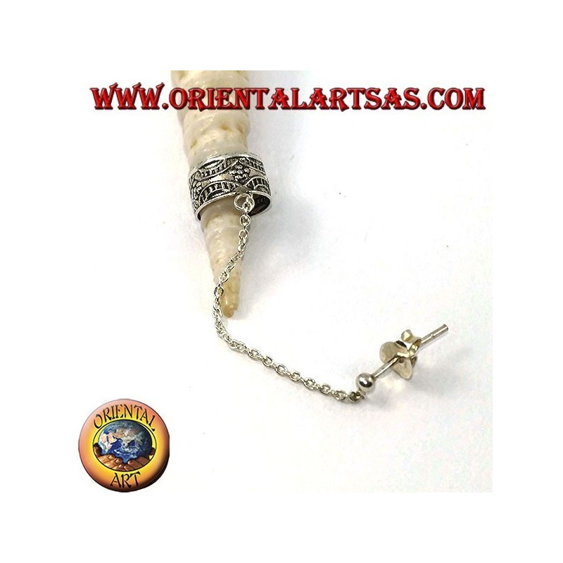 Silver ear cuff earring with chain, festoon with flowers in high relief
