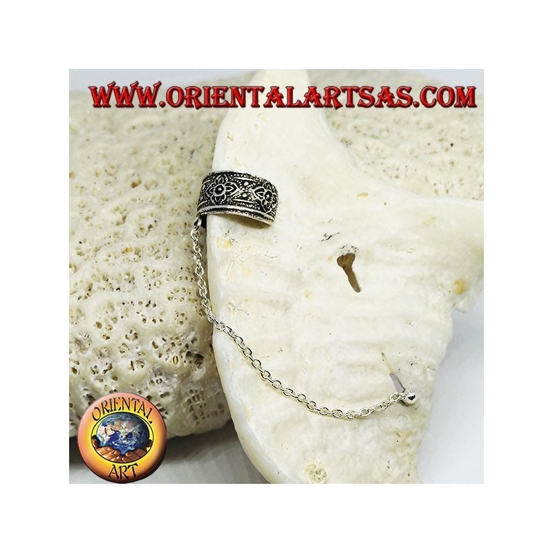 Silberohrmanschettenohrring mit Kette, Blumen im Hochrelief