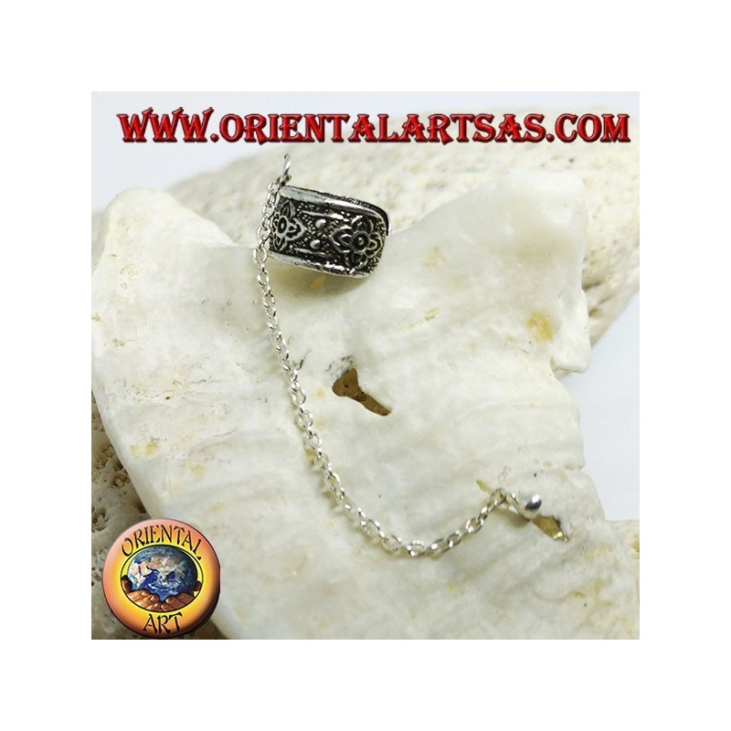 Silver ear cuff earring with chain, flowers in high relief