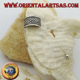 Silver ear cuff earring with chain, band with high relief stripes