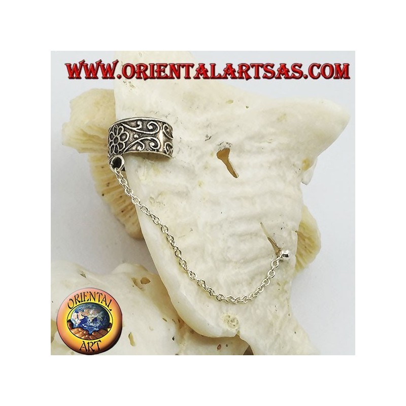 Silberohrmanschettenohrring mit Kette, Blume mit Hochreliefdekorationen