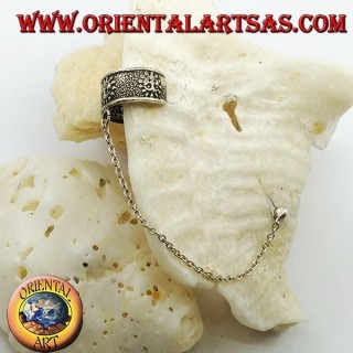 Silver ear cuff earring with chain, sun with high relief face