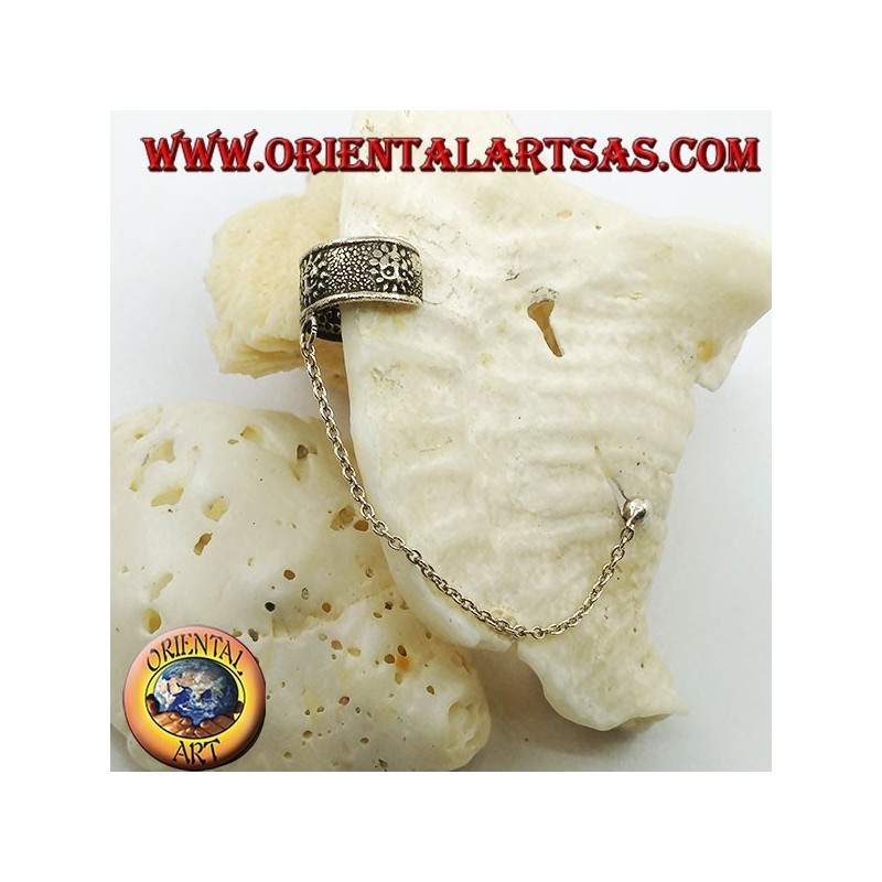 Orecchino Ear Cuff in argento con catenella, sole con faccina in altorilievo