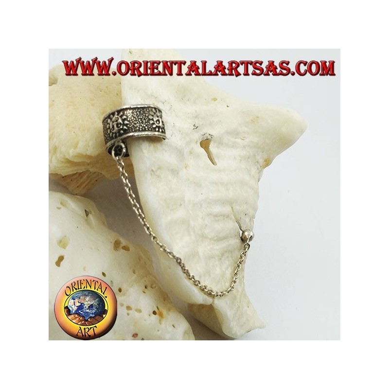 Orecchino Ear Cuff in argento con catenella, sole con faccina in altorilievo
