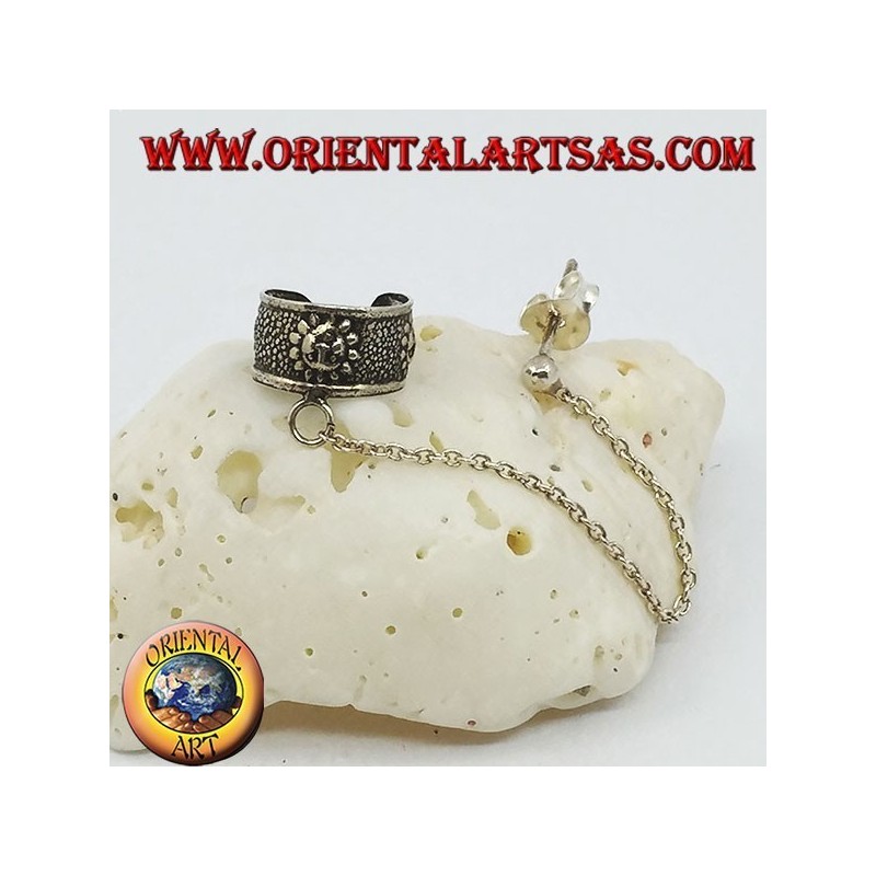 Silberner Ohrstulpenohrring mit Kette, Sonne mit hochreliefiertem Gesicht