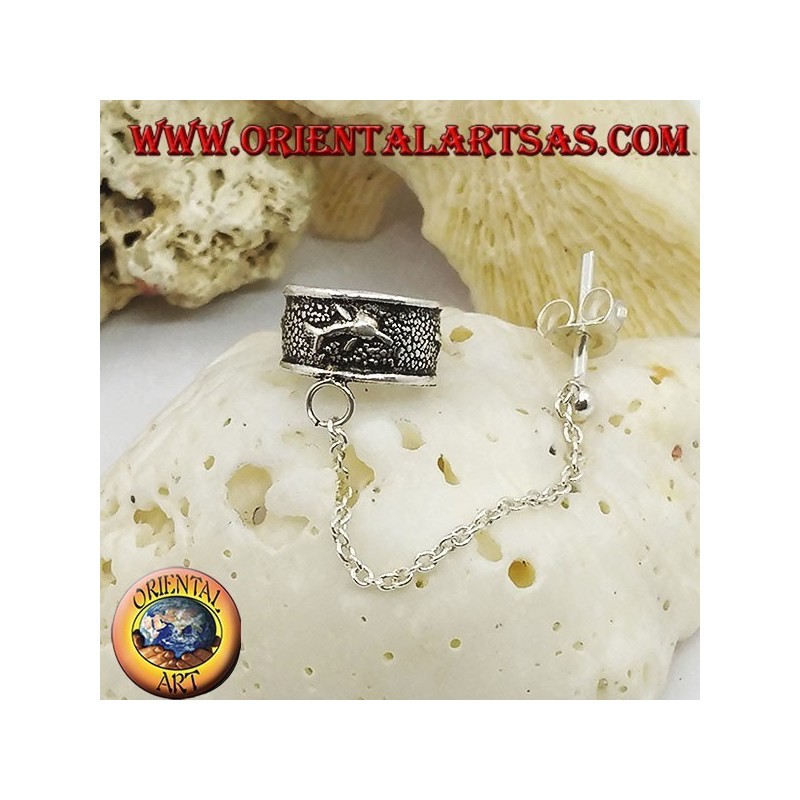 Boucle d'oreille en argent avec chaîne, dauphins en haut-relief