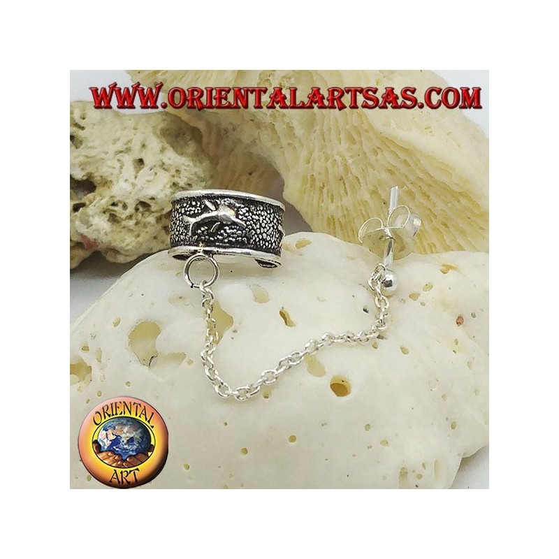 Silver ear cuff earring with chain, dolphins in high relief