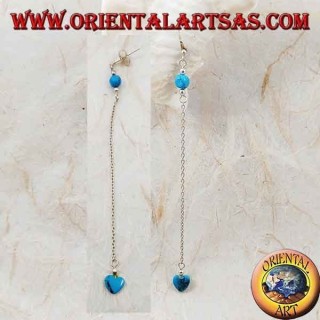 Pendientes mariposa de plata con cadena, corazón y bola turquesa de 7 cm.