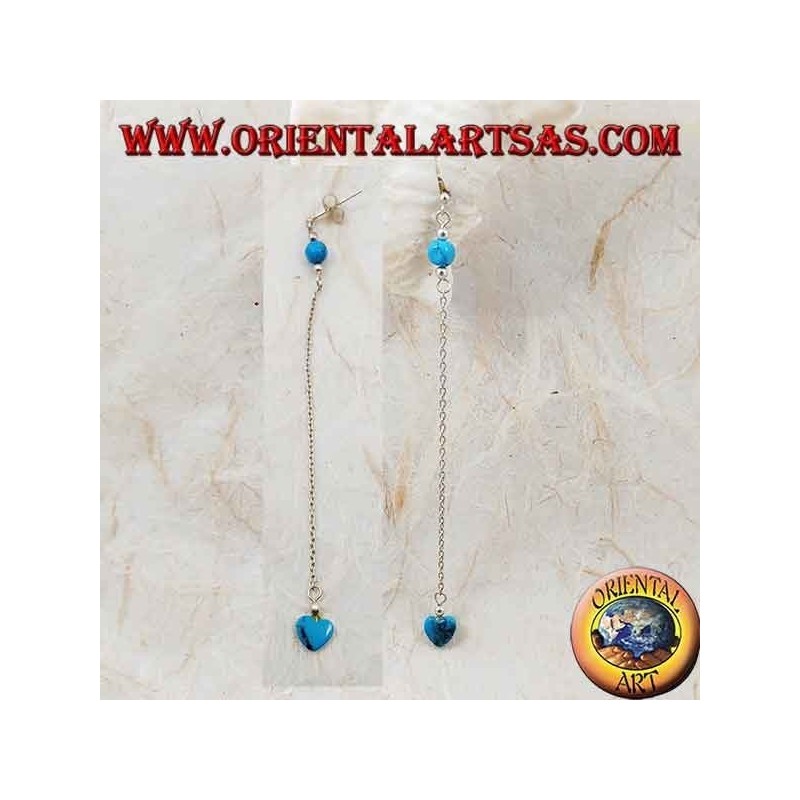 Pendientes mariposa de plata con cadena, corazón y bola turquesa de 7 cm.