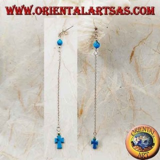 Silberne Schmetterlingsohrringe mit Kette, Kreuz und 7 cm türkisfarbenem Ball