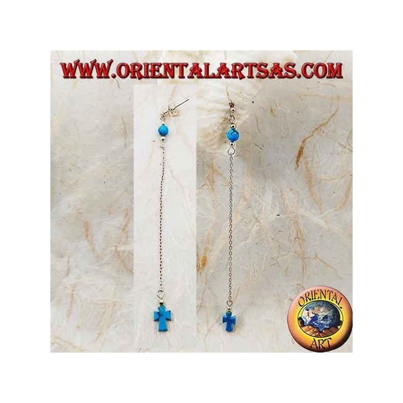 Pendientes mariposa de plata con cadena, corazón y bola turquesa de 7 cm.