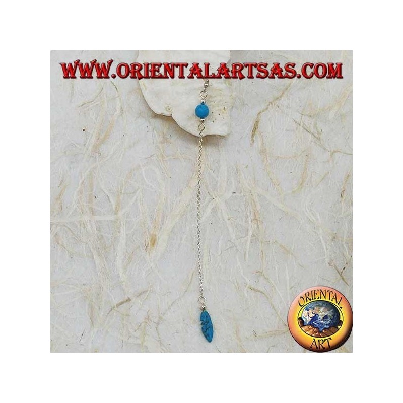 Silver butterfly earrings with chain, feather and 7 cm turquoise ball