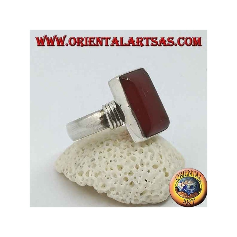 Silver ring with rectangular carnelian and three lines on the sides