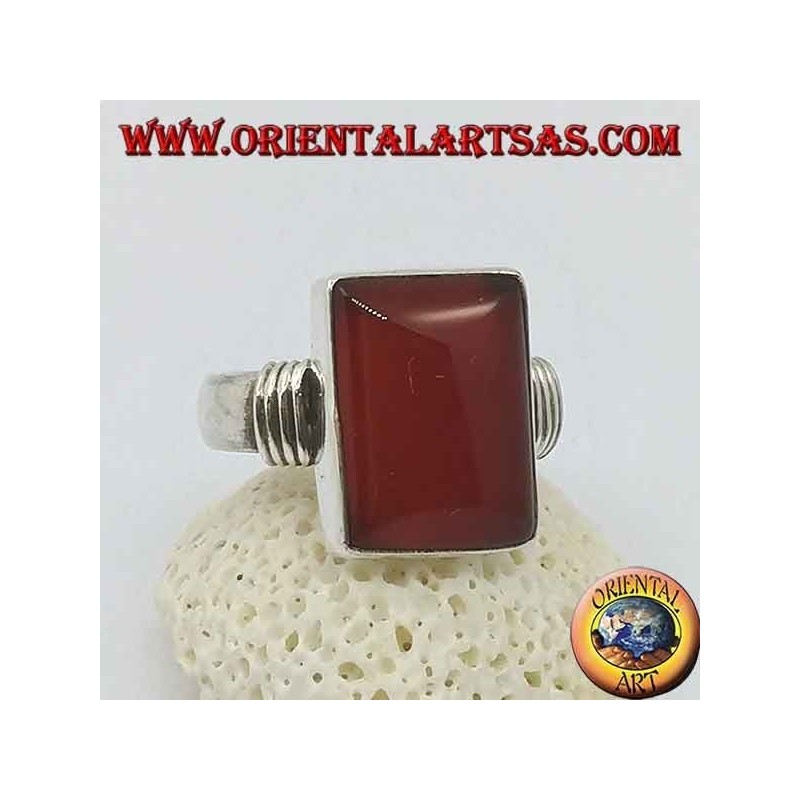 Silver ring with rectangular carnelian and three lines on the sides