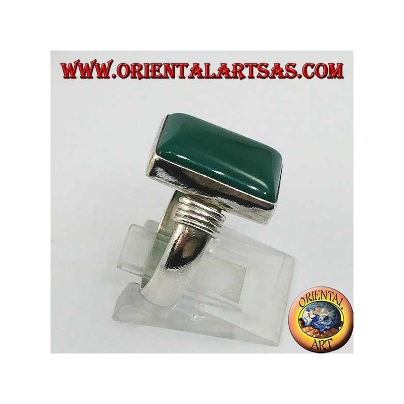 Silver ring with rectangular agate and three rows on the sides