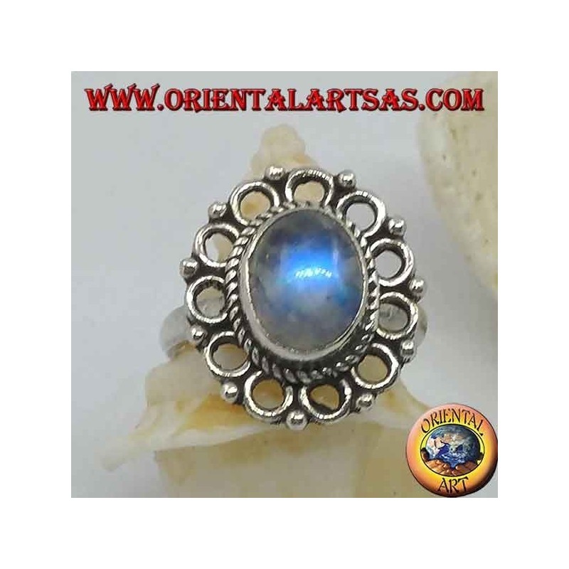 Bague en argent avec pierre de lune arc-en-ciel ovale et bordure de serre-tête (16)