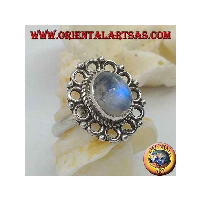 Anillo de plata con piedra de luna ovalada del arco iris y borde de diadema (16)
