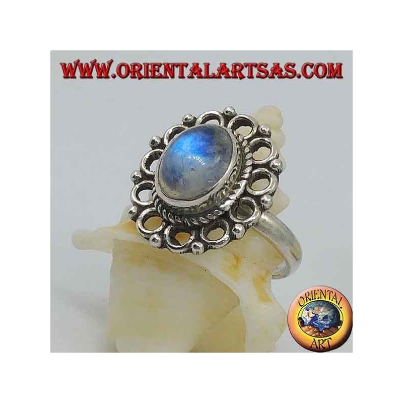 Bague en argent avec pierre de lune arc-en-ciel ovale et bordure de serre-tête (16)