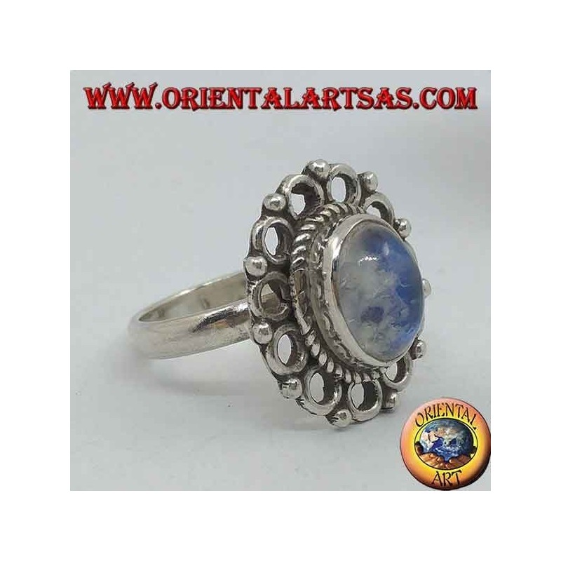 Bague en argent avec pierre de lune arc-en-ciel ovale et bordure de serre-tête (16)