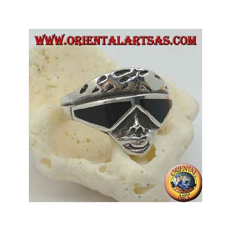 Silver ring in the shape of a biker face with sunglasses with onyx lenses