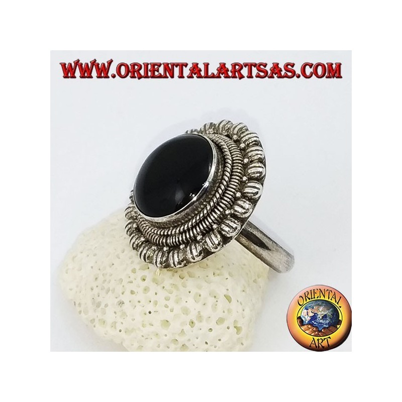 Anello in argento a margherita grande con onice tonda a cabochon
