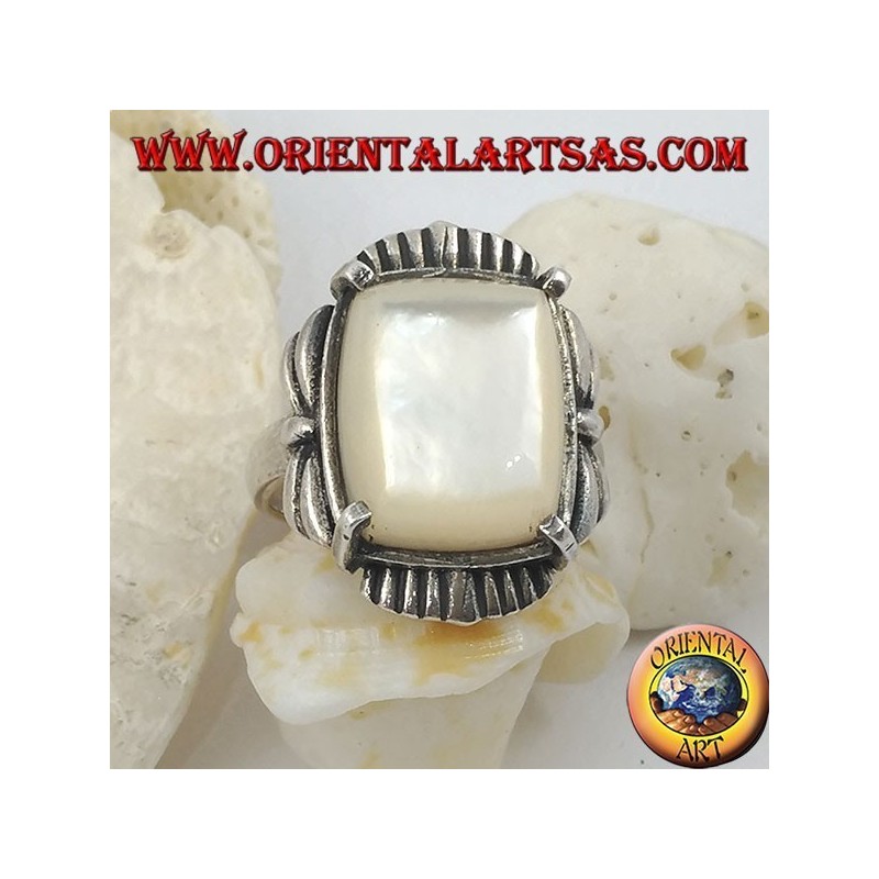 Silver ring with beveled rectangular mother of pearl set on a striped frame