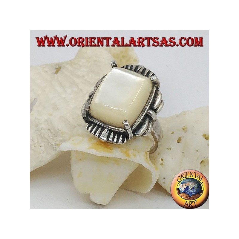 Silver ring with beveled rectangular mother of pearl set on a striped frame
