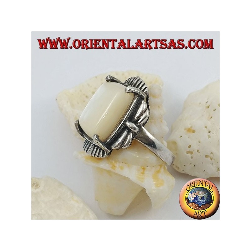 Silver ring with beveled rectangular mother of pearl set on a striped frame