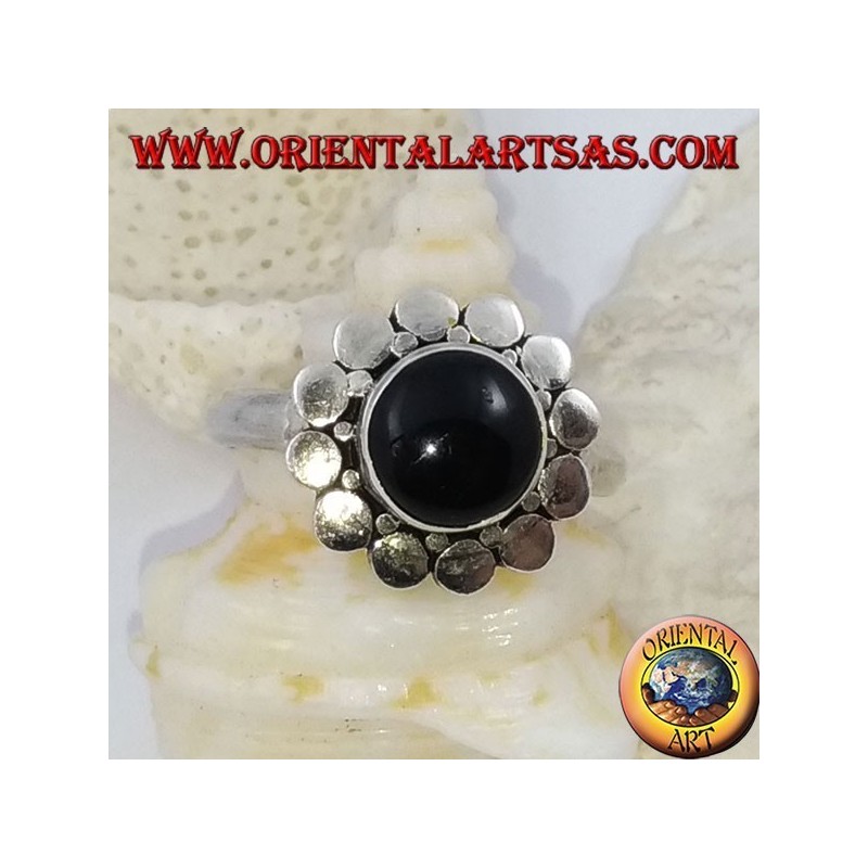 Silver daisy plate ring with cabochon round onyx