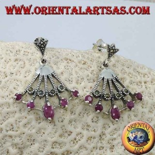 Fan-shaped silver earrings with five natural oval rubies on the tips alternated with marcasite