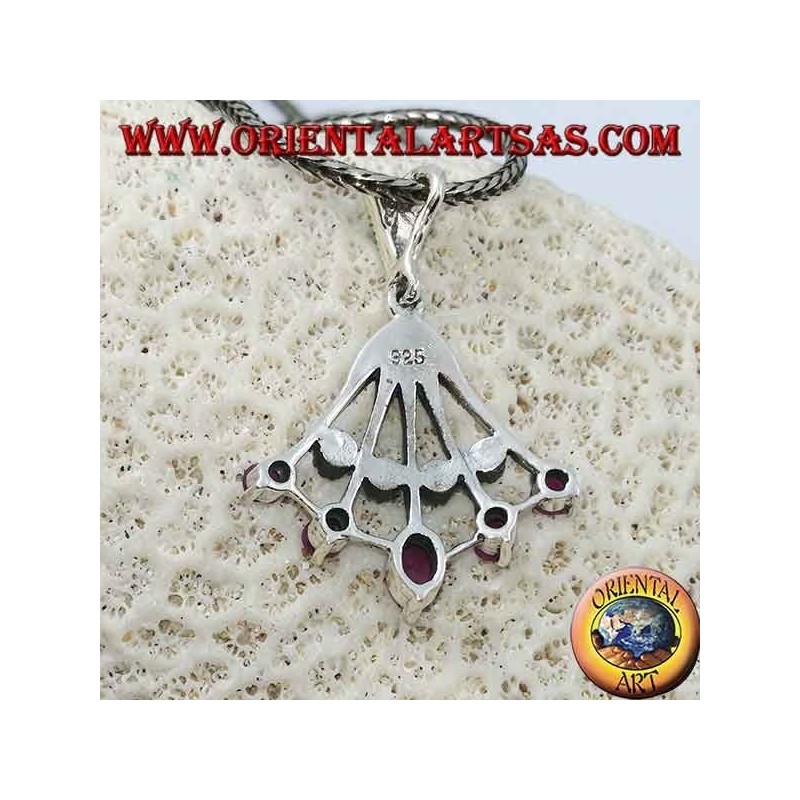 Silver pendant fan-shaped pendant with five natural oval rubies on the tips alternated with marcasite