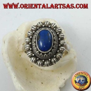 Bague fleur en argent avec cabochon ovale lapis lazuli