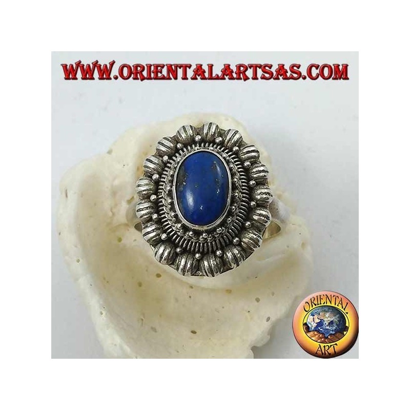 Bague fleur en argent avec cabochon ovale lapis lazuli